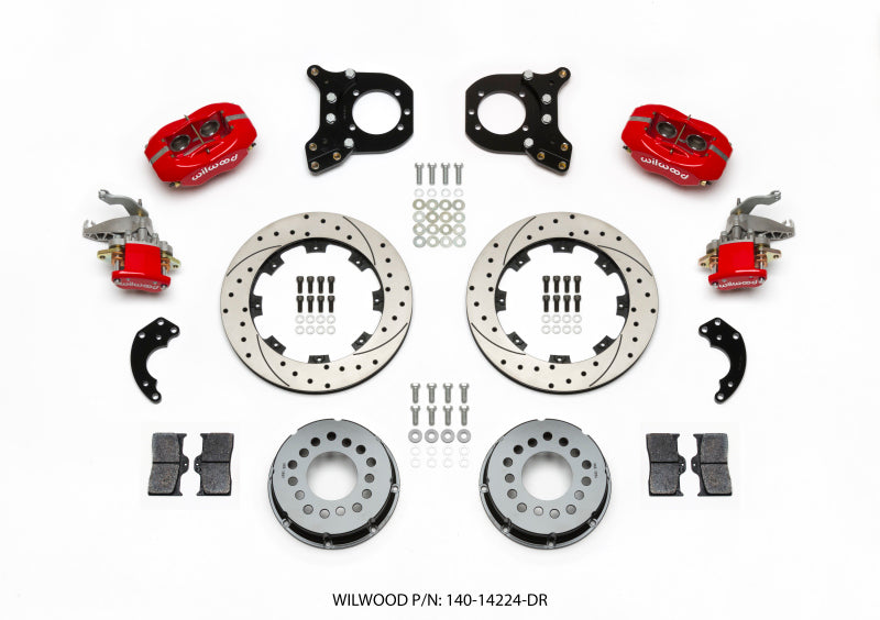 Wilwood Forged Dynalite P/S Rear Kit w/MC4 P-Brake Drill Red Chev 12 Bolt w/Clip Eliminator