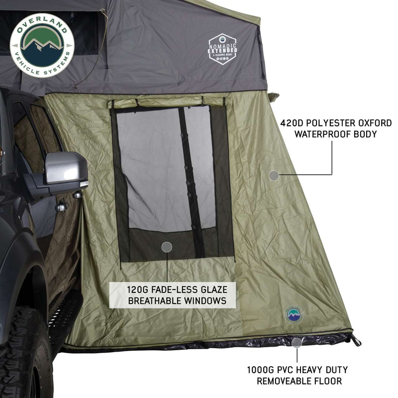 Nomadic 2 Roof Top Tent Annex Green Base With Black Floor and Travel Cover Overland Vehicle Systems