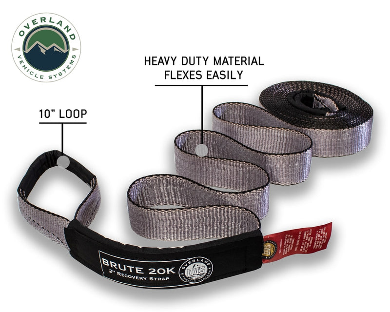 Tow Strap 20,000 lb 2 Inch x 30 Foot Gray With Black Ends & Storage Bag Overland Vehicle Systems