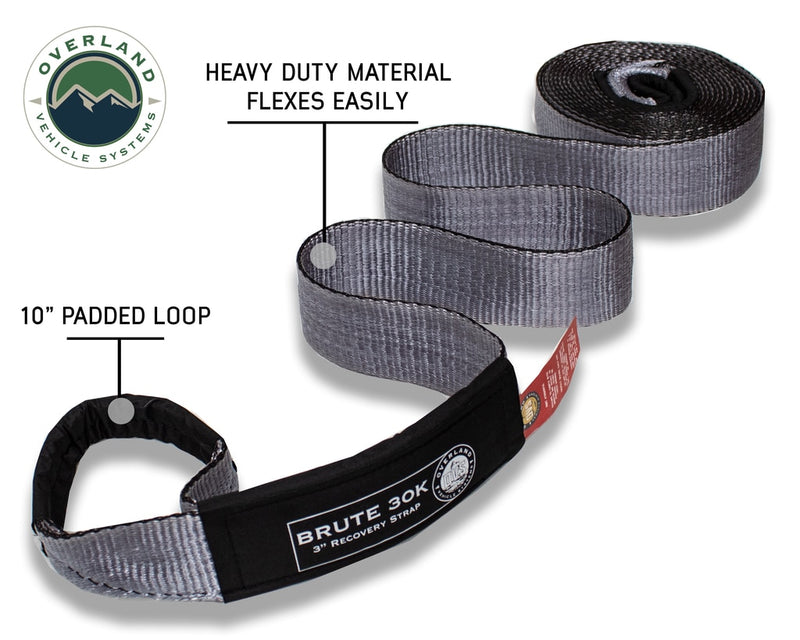 Tow Strap 30,000 lb 3 Inch x 30 foot Gray With Black Ends & Storage Bag Overland Vehicle Systems