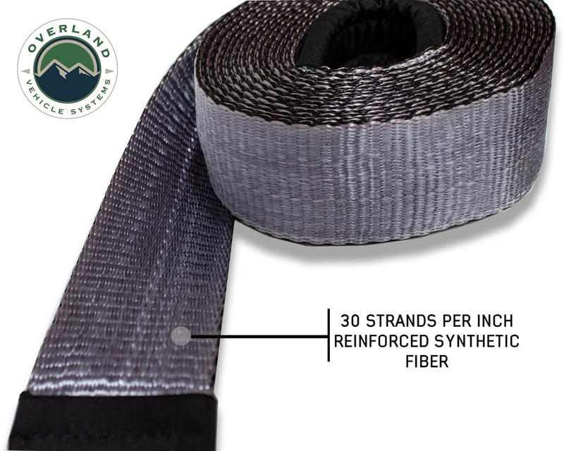 Tow Strap 30,000 lb 3 Inch x 30 foot Gray With Black Ends & Storage Bag Overland Vehicle Systems