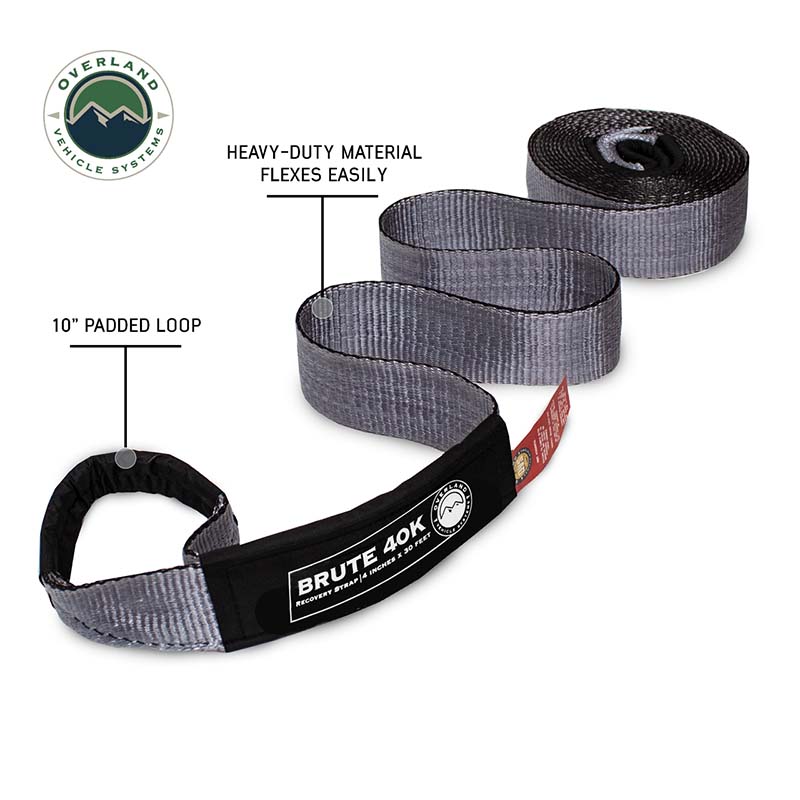 Tow Strap 4 x 20' Gray With Black Ends & Storage Bag Overland Vehicle Systems