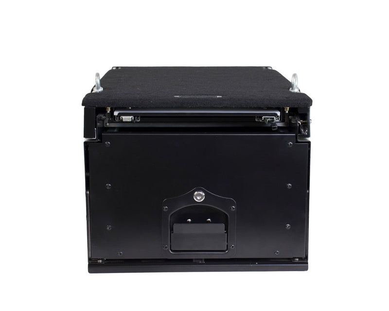 Cargo Box With Slide Out Drawer & Working Station Size Black Powder Coat Universal Overland Vehicle Systems