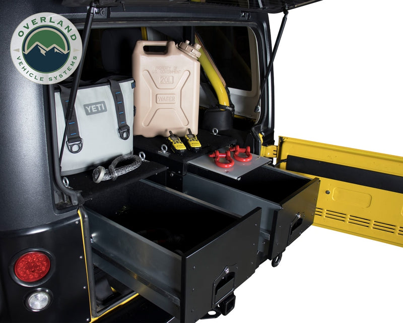 Cargo Box With Slide Out Drawer & Working Station Size Black Powder Coat Universal Overland Vehicle Systems