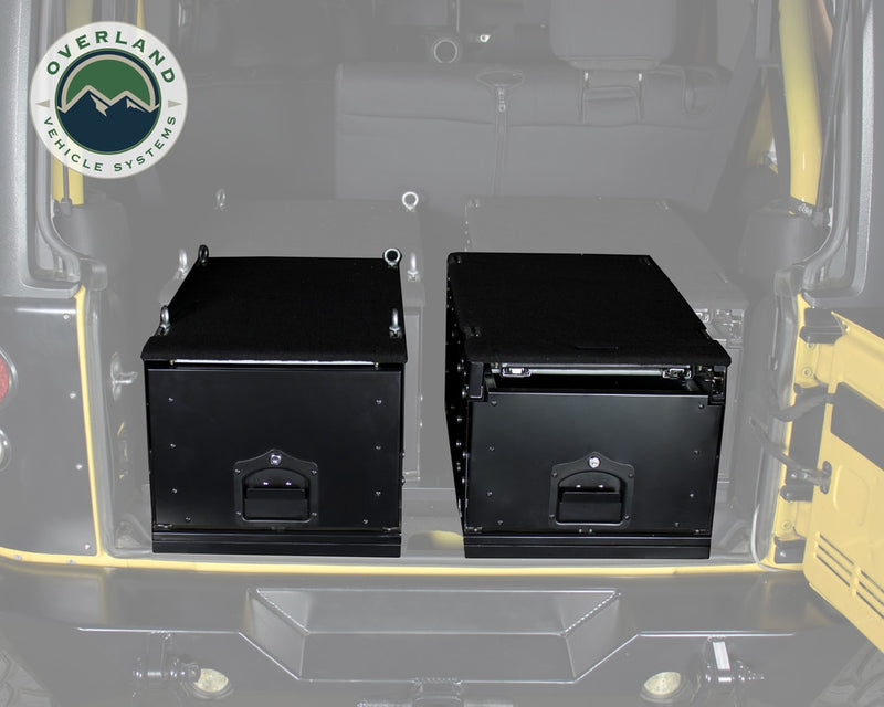 Cargo Box With Slide Out Drawer & Working Station Size Black Powder Coat Universal Overland Vehicle Systems