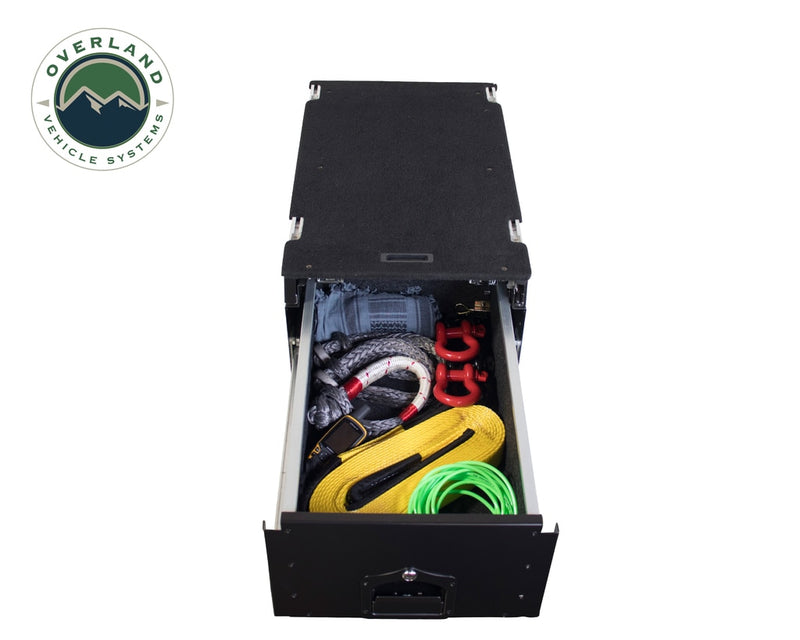 Cargo Box With Slide Out Drawer & Working Station Size Black Powder Coat Universal Overland Vehicle Systems