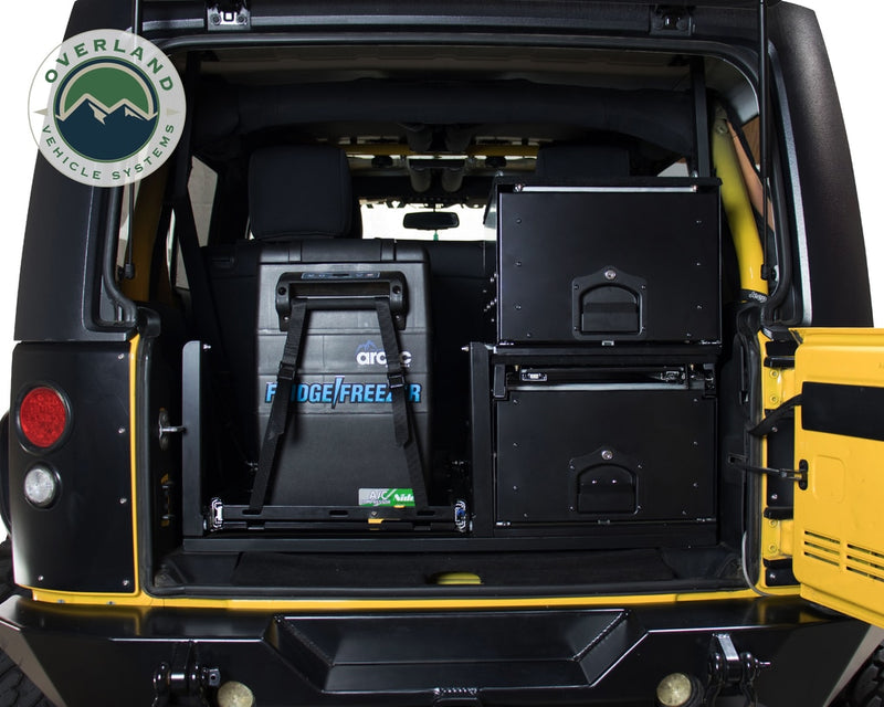 Cargo Box With Slide Out Drawer & Working Station Size Black Powder Coat Universal Overland Vehicle Systems