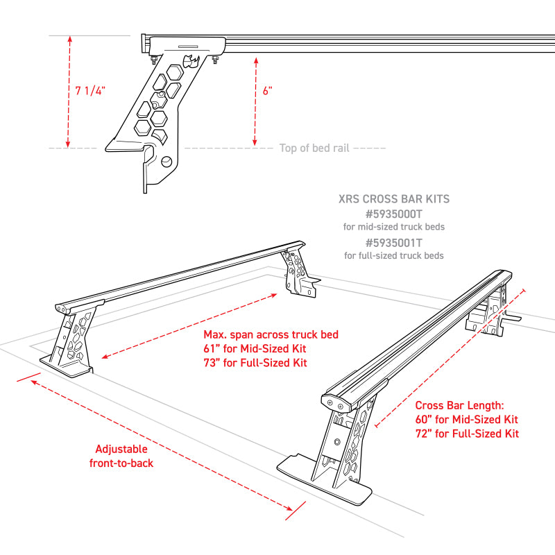 Go Rhino 15-22 Ford F-150 / 07-21 Toy. Tundra XRS Cross Bars Kit - Tex Blk (Attch Tonneau Cvr T-Trk)