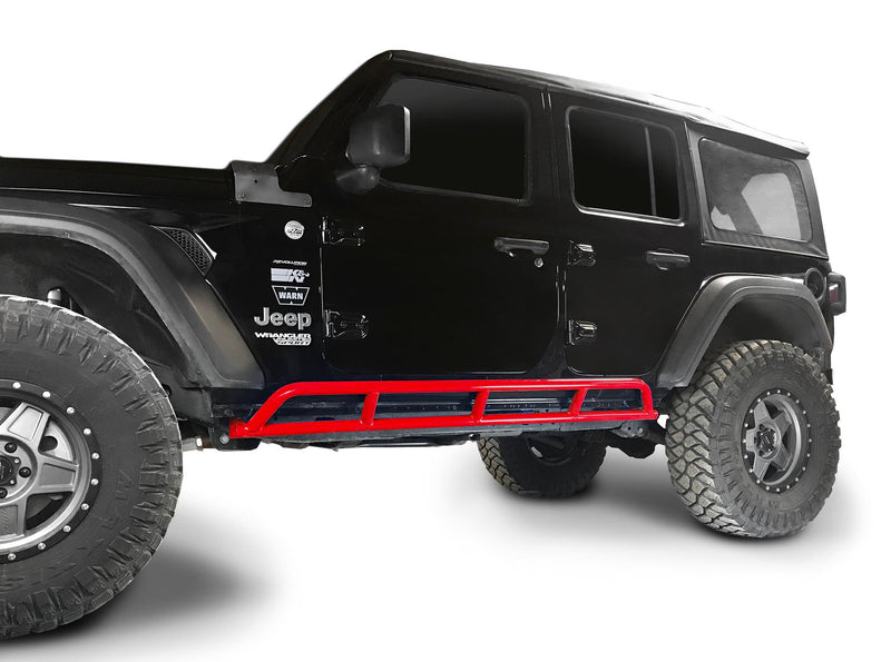 Fits Jeep Wrangler JLU, 2018 to Present, 4 Door Rock Slider Kit. Powder Coated Red Baron, Made in the USA