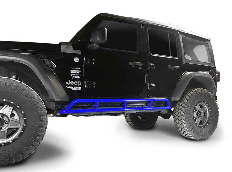 Fits Jeep Wrangler JLU, 2018 to Present, 4 Door Rock Slider Kit. Powder Coated Southwest Blue, Made in the USA